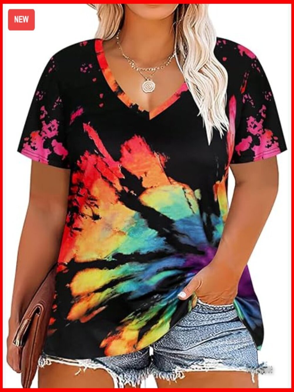 Plus Size V Neck Tunic Tee Short Sleeve Tie Dye Blouse Women's Shirts